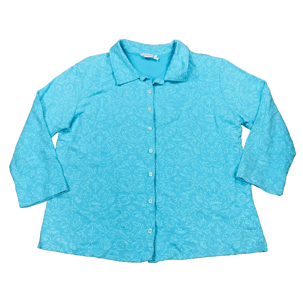 Fresh Produce Women's XXL Shirt Jacket Blue Damask Button Up 100% Cotton BK14